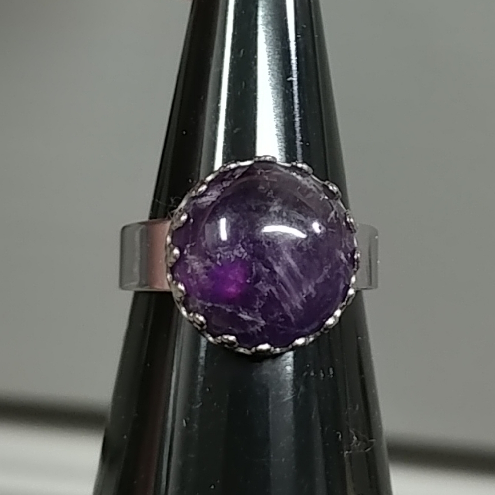 Amethyst Ring Natural Gemstone Adjustable Stainless-Steel Ring Amethyst Crystal